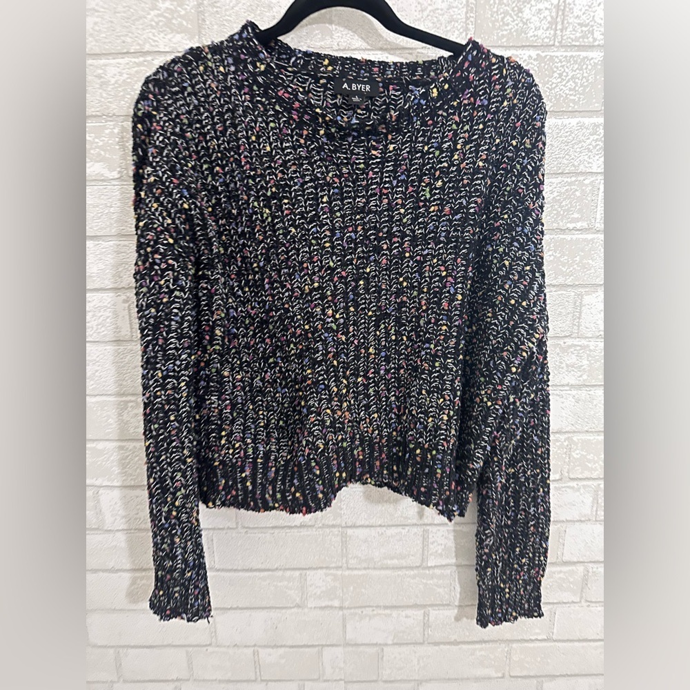 A. Byer Black Color Confetti Chunky Knit Crop Pullover Sweater womens L #1954